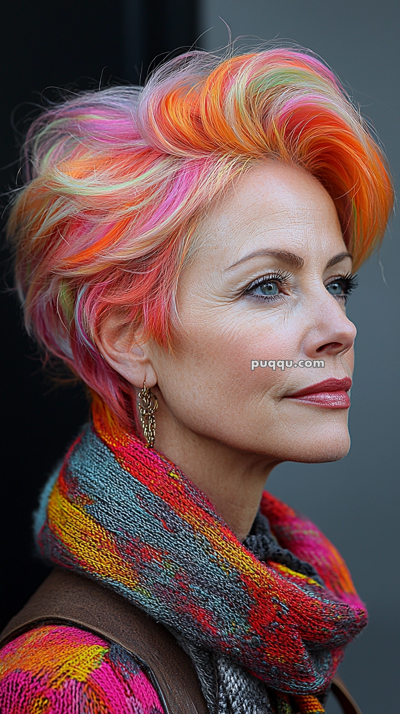 Person with short, colorful hair and wearing a multicolored scarf over a vibrant sweater, looking to the left.