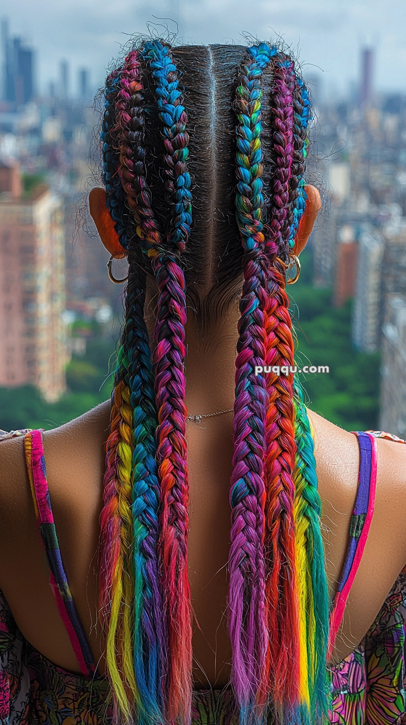 Brightly colored rainbow braids on the back of a person's head, with a cityscape in the background.