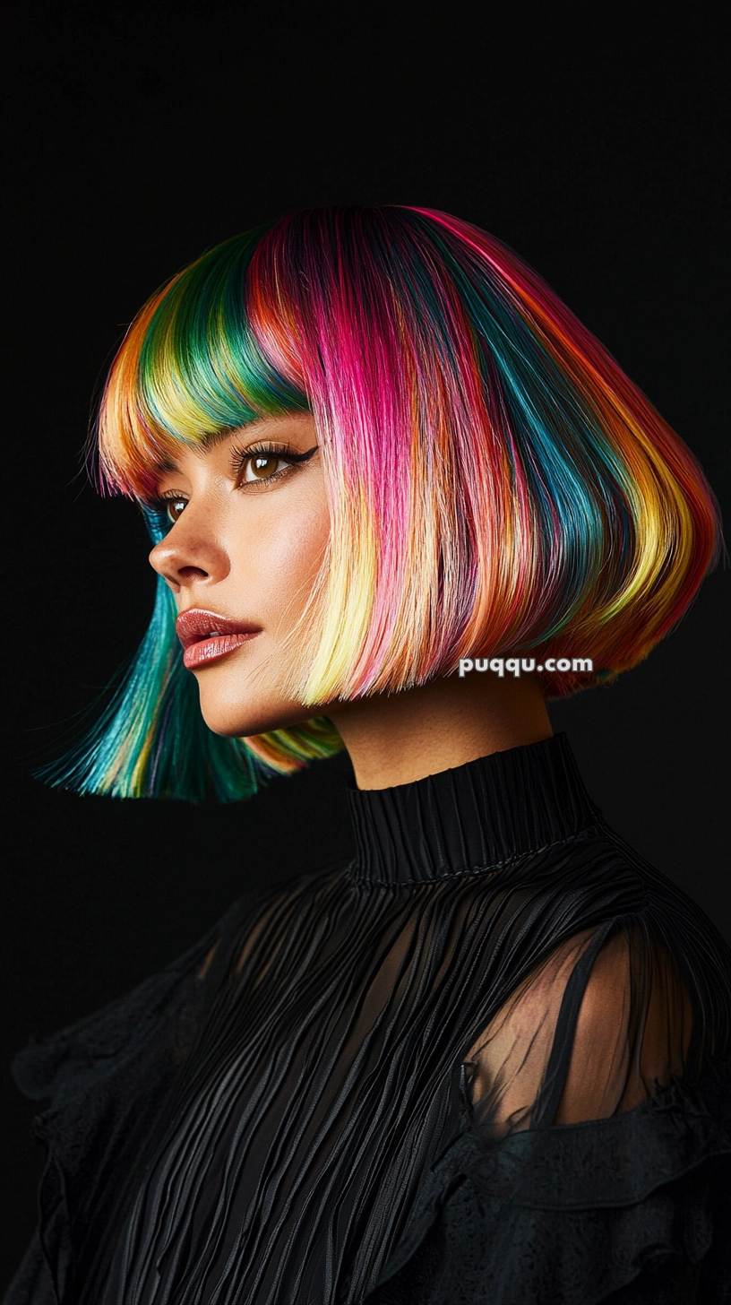 A person with short, multi-colored hair featuring vibrant shades of pink, green, blue, yellow, and orange. They are wearing a dark, pleated, high-collared garment against a black background.