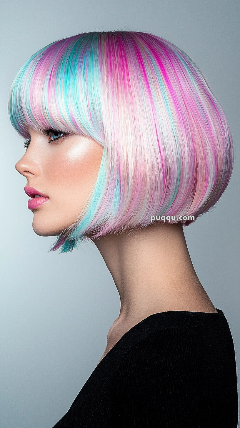 Profile view of a woman with a short bob hairstyle dyed in pastel colors including pink, blue, and mint green, wearing a black top.