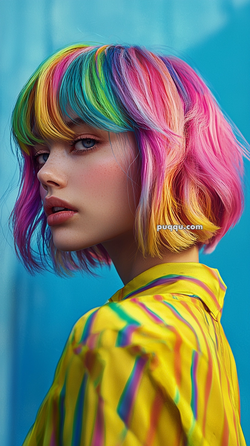 A person with a bob haircut featuring rainbow-colored hair, wearing a bright yellow striped shirt against a blue background.