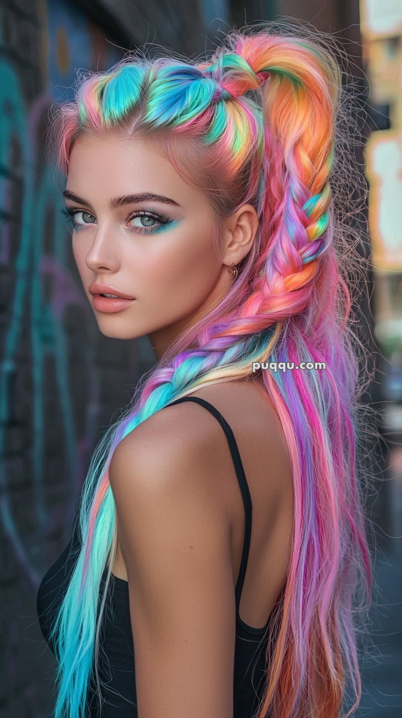A model with long, intricately braided hair featuring vibrant rainbow colors, wearing a black top and standing in an urban setting with graffiti in the background.