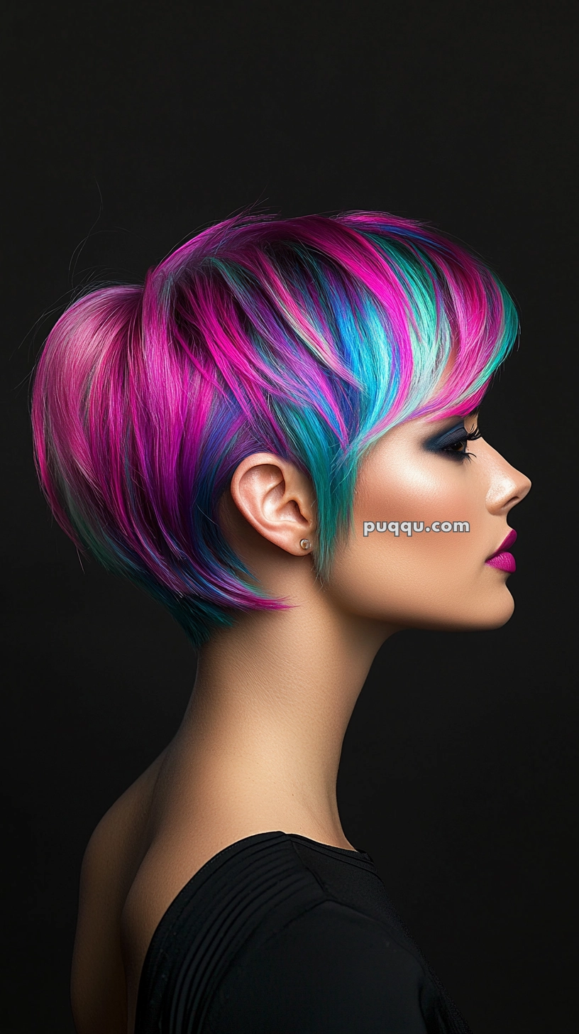 A person with short, vibrant multicolored hair styled in a layered bob, featuring shades of pink, blue, and teal, viewed from the side against a dark background.