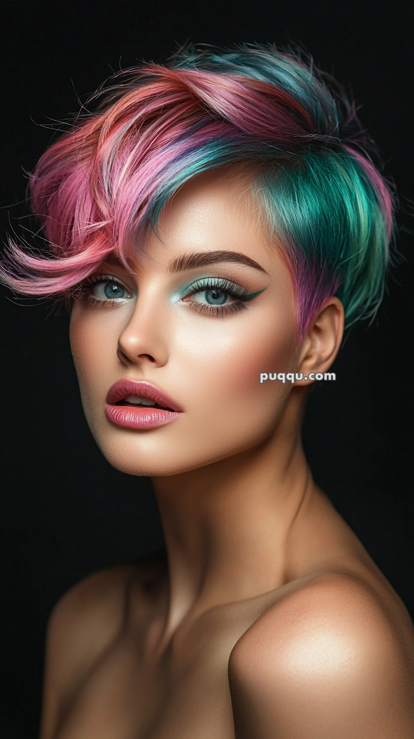 A woman with multi-colored short hair, featuring shades of pink, blue, and teal, and wearing striking makeup with bold eyeliner and turquoise eyeshadow. Her lips are pink, and she has a smooth complexion, posing against a black background.