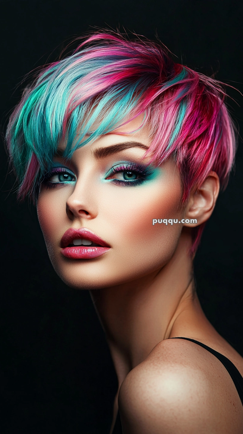 A person with short, vibrant rainbow-colored hair and bold eye makeup, including turquoise and purple shades, shown against a dark background.