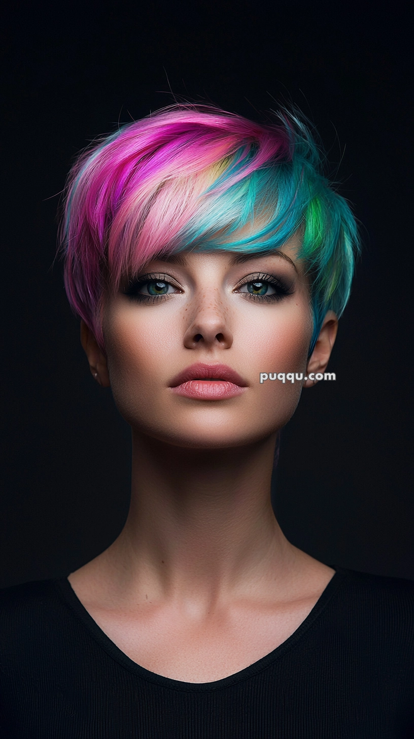 A person with short, multi-colored hair featuring shades of pink, blue, and green, wearing a black top, with visible freckles and a neutral expression, set against a dark background.