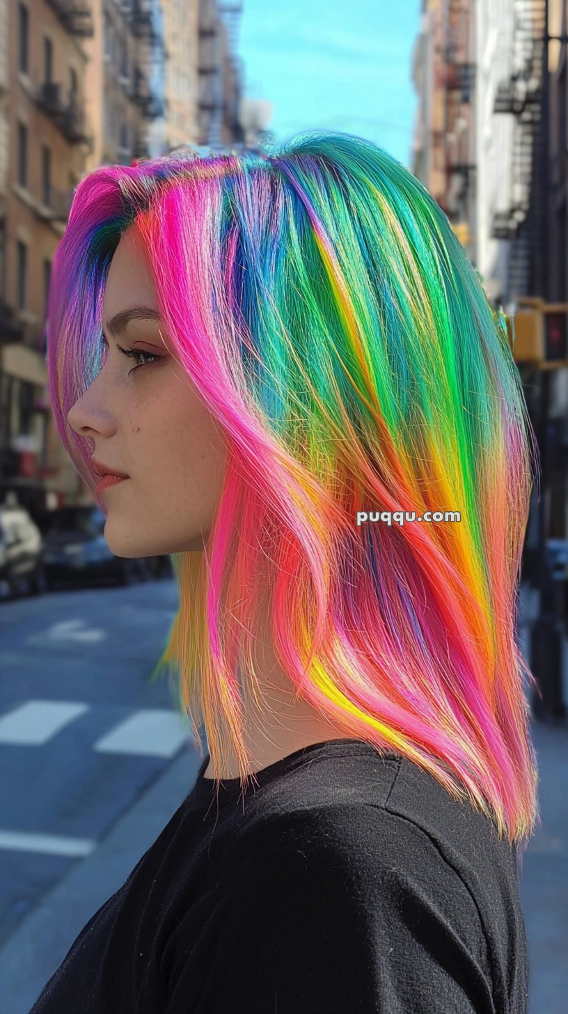 Side profile of a person with vibrant rainbow-colored hair, standing on a city street with buildings in the background.
