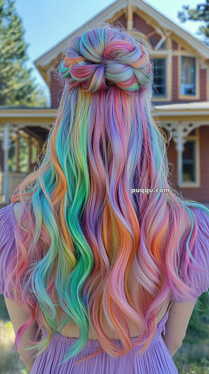 A person with long, wavy rainbow-colored hair styled in a half-up bun, standing in front of a vintage house with arched windows and decorative trim.