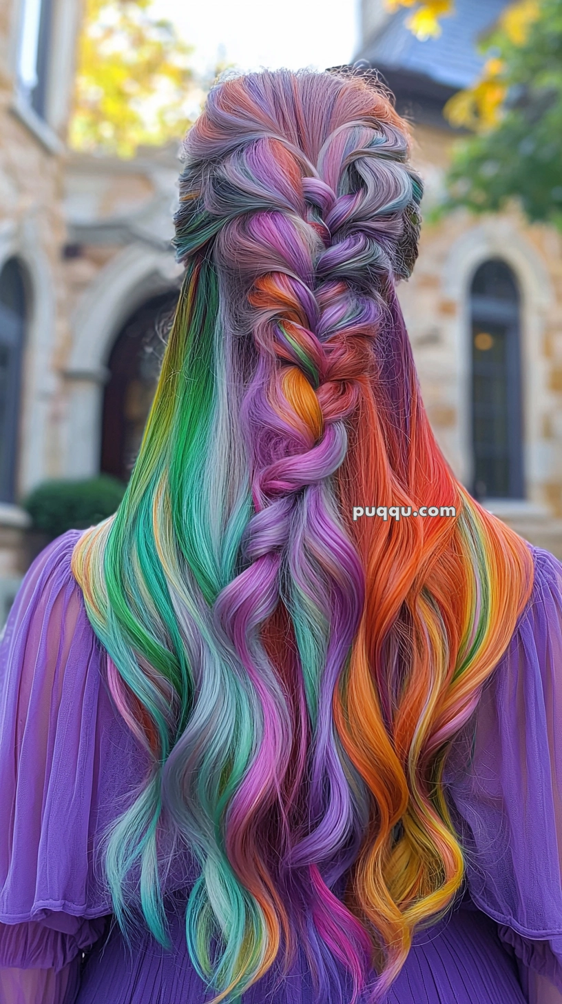 A woman with long, colorful hair styled in a braid, showcasing shades of purple, pink, green, blue, and orange, standing outdoors in front of a building.