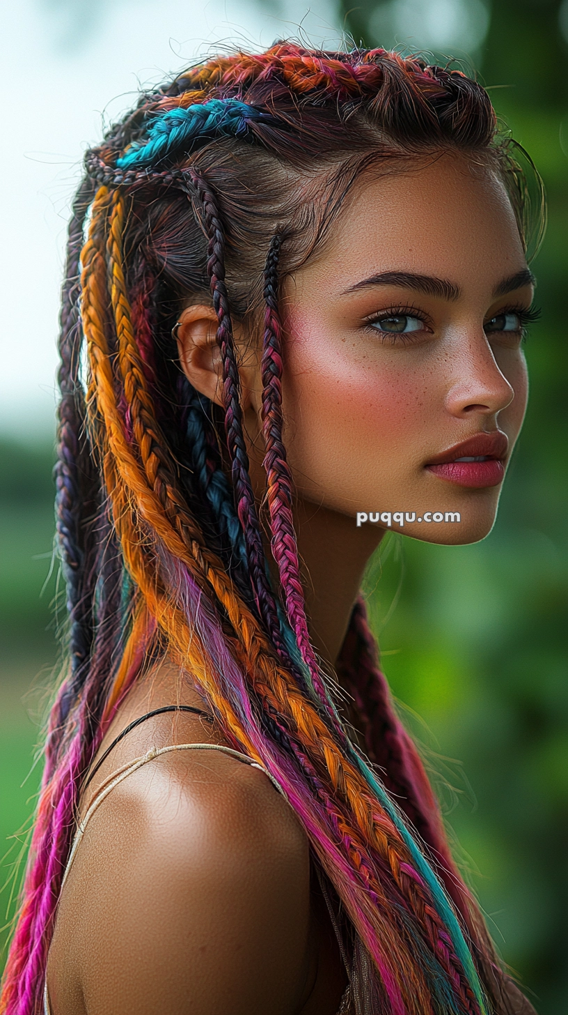 A person with long, colorful braided hair featuring shades of orange, pink, and blue, standing outdoors with a blurred green background.