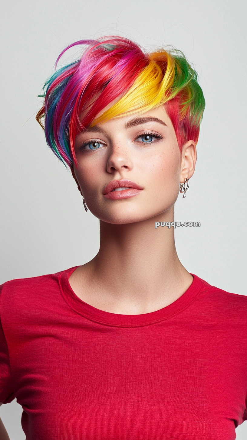Person with short, multi-colored rainbow hair and wearing a red shirt against a plain background.