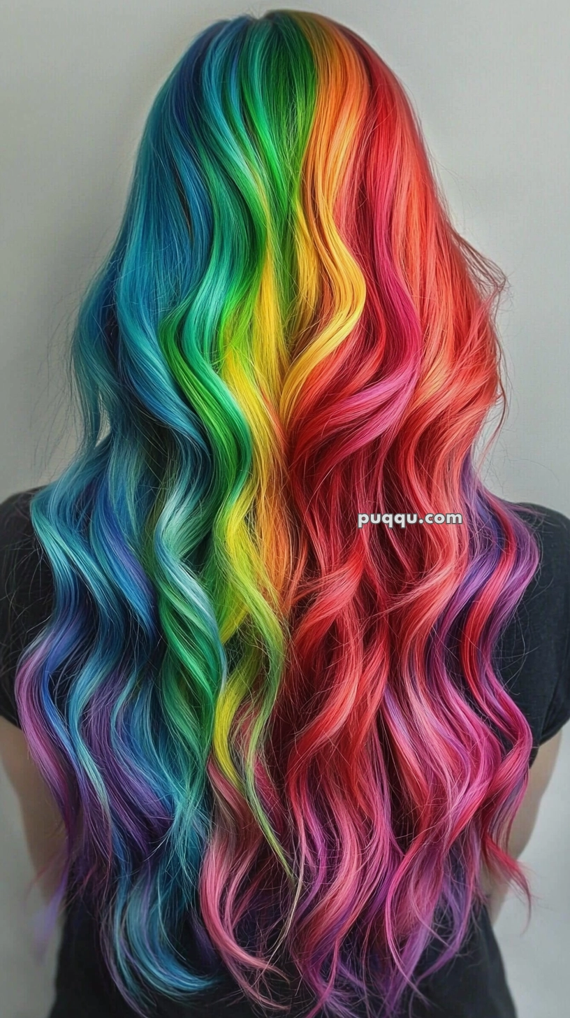 Long, wavy hair dyed in bright and vivid rainbow colors, including blue, green, yellow, orange, and pink, seen from the back.