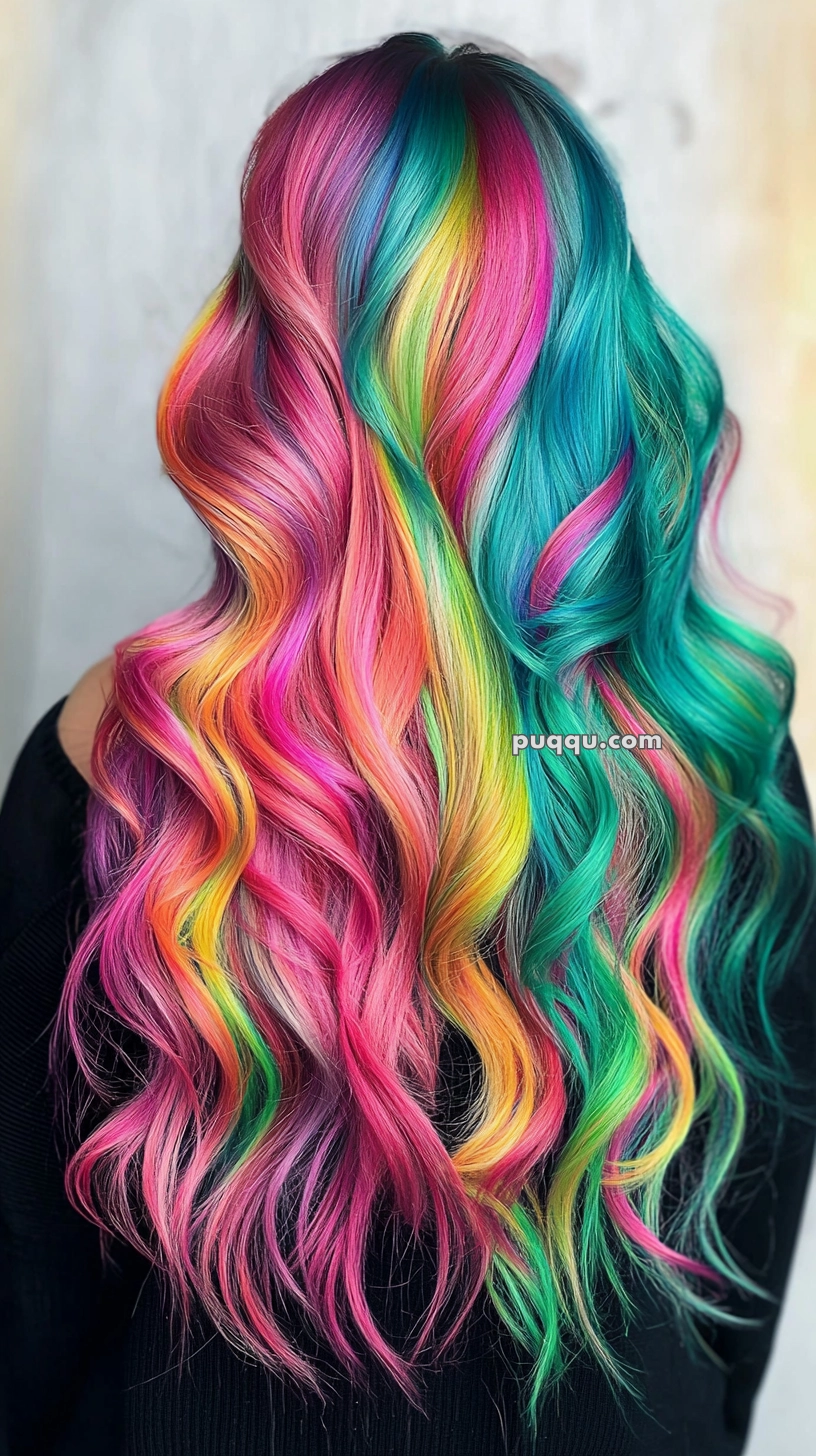 A person with long, wavy hair dyed in multiple vibrant colors, including pink, yellow, green, and blue, against a neutral background.