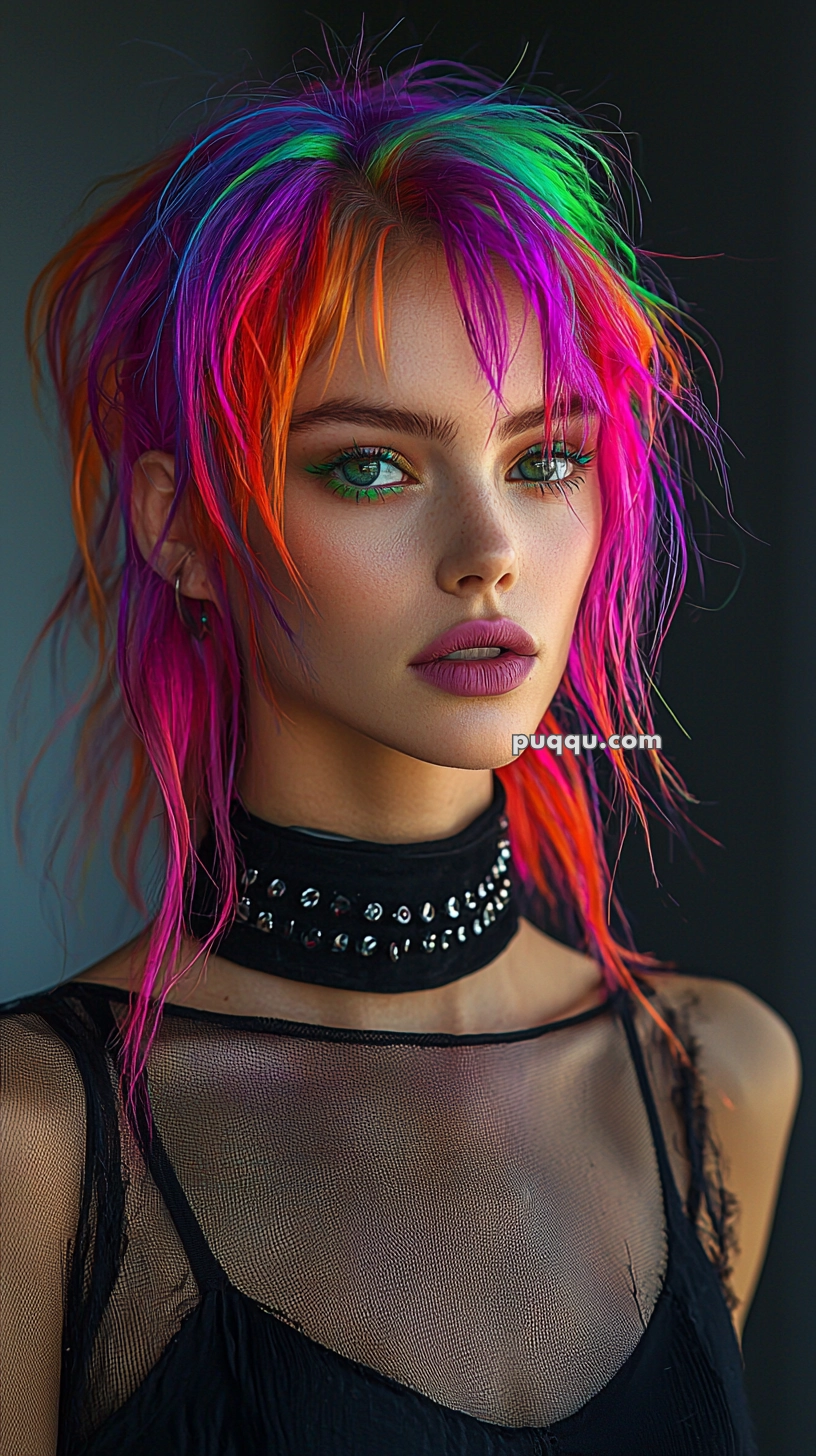 A person with bright multicolored hair, including shades of purple, pink, and green, wearing a black mesh top and a studded black choker, looking into the camera.
