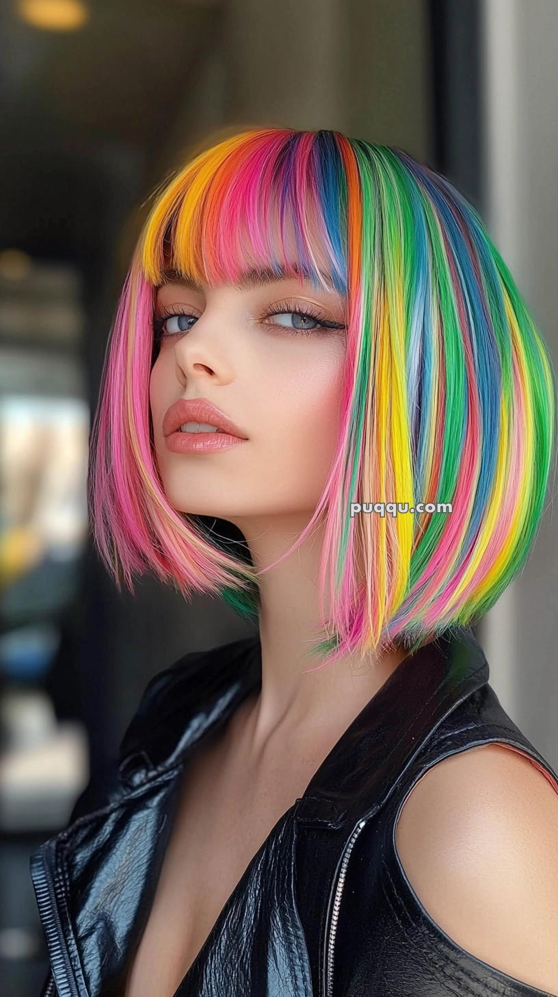 Person with a colorful rainbow bob haircut and a glossy black jacket.