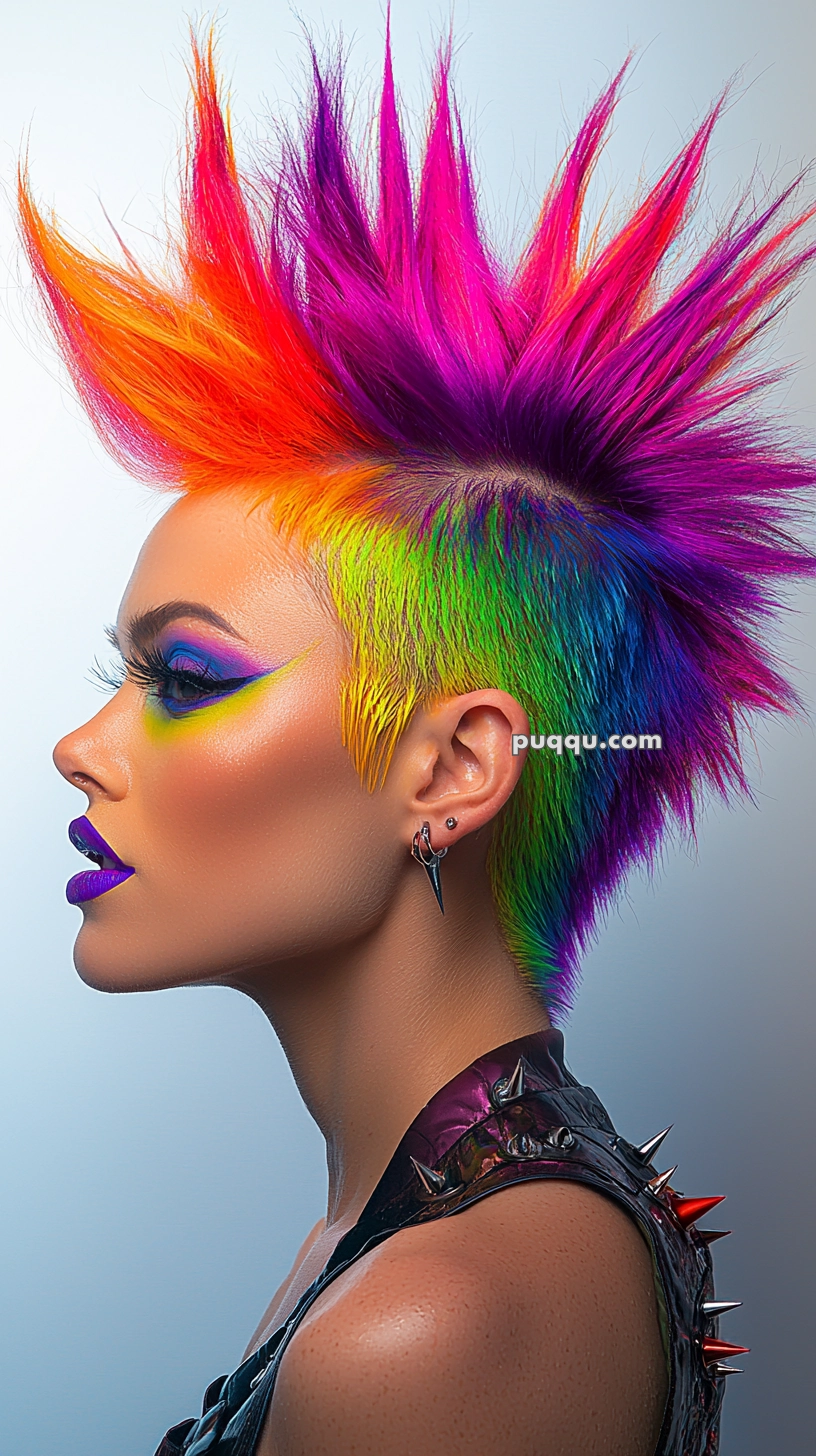 A person with a vibrant, rainbow-colored mohawk hairstyle and matching colorful makeup, wearing earrings and a spiked leather jacket.