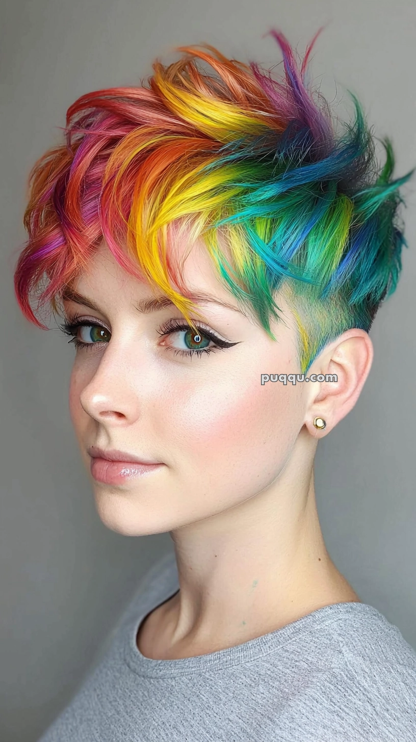 A person with short rainbow-colored hair, featuring vibrant hues of red, orange, yellow, green, blue, and purple, styled with texture and movement. The individual is wearing a gray shirt, gold stud earrings, and light makeup, including winged eyeliner.