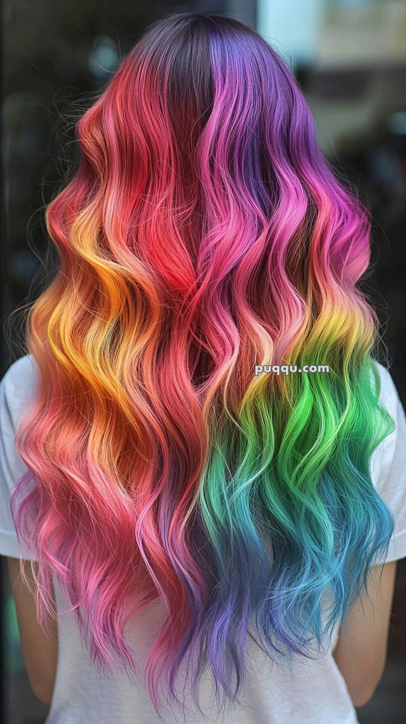 Long wavy hair dyed in a vibrant rainbow of colors, including pink, orange, yellow, green, blue, and purple, viewed from the back.
