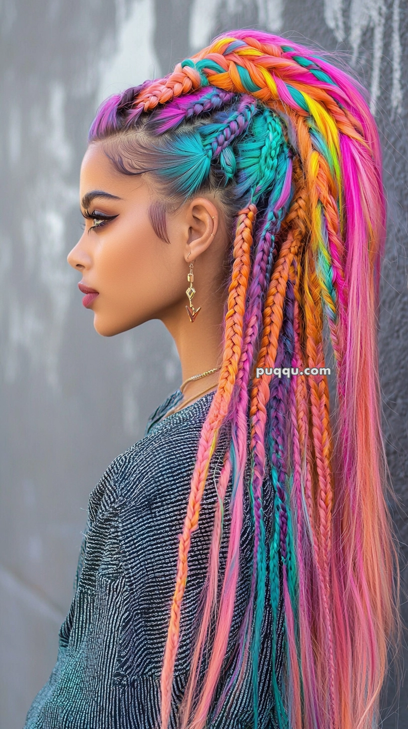 A person with vibrant multicolored braids, including shades of pink, orange, blue, and purple, styled in an intricate pattern, wearing geometric earrings and a textured grey top.