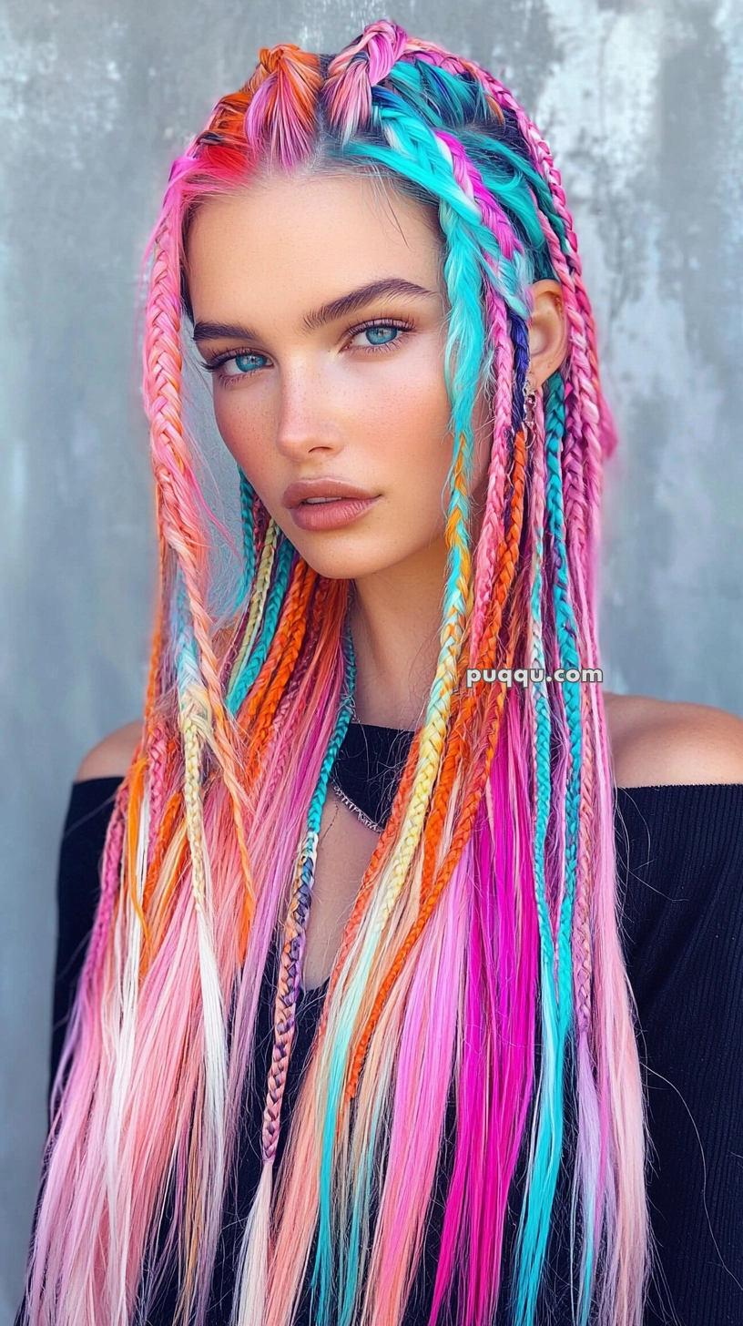 Person with long hair styled in colorful braids, featuring shades of pink, blue, orange, and yellow, wearing a black top with an off-shoulder design.