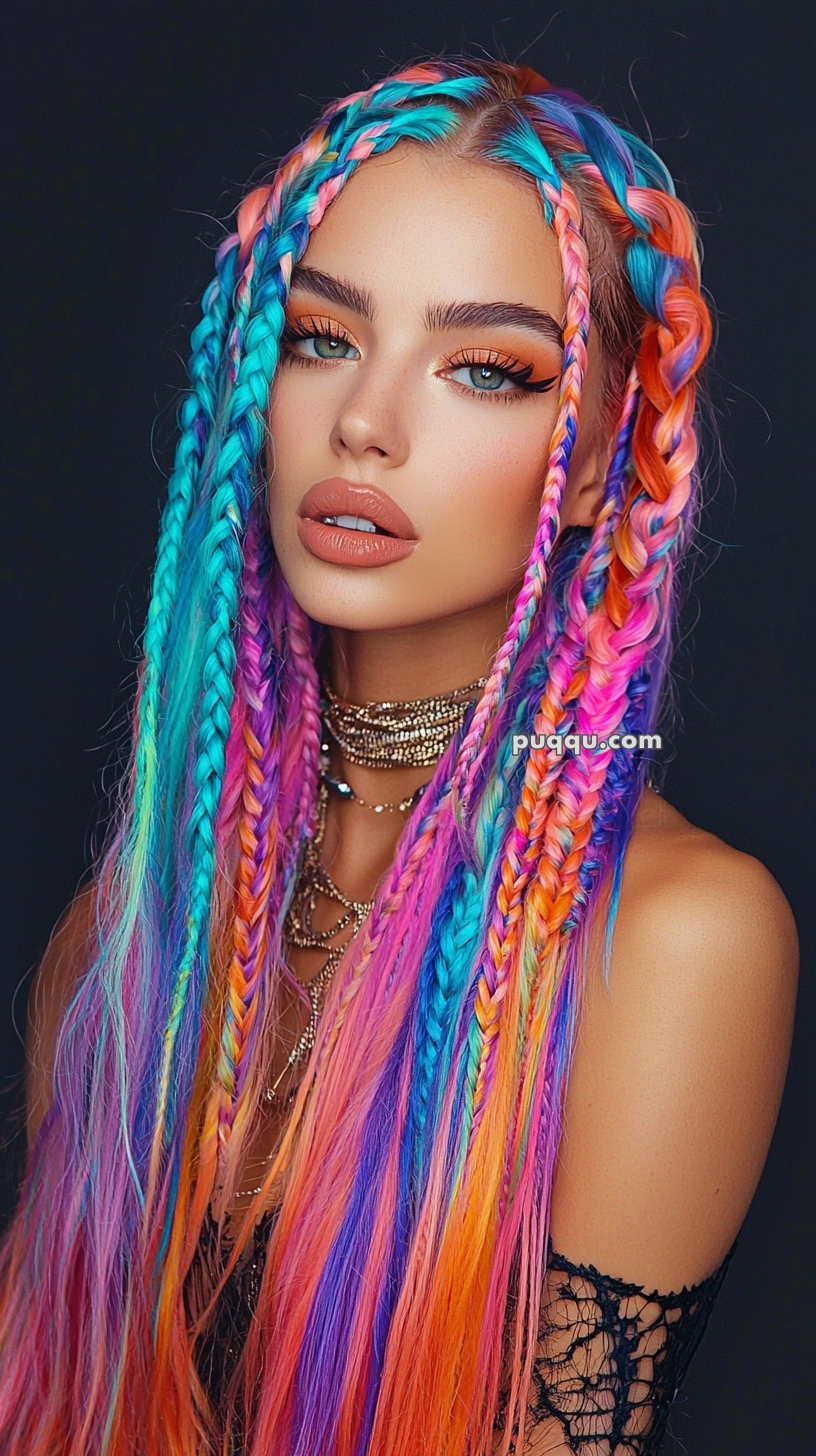 A person with vibrant rainbow-colored braided hair, wearing bold makeup and layered necklaces, against a dark background.