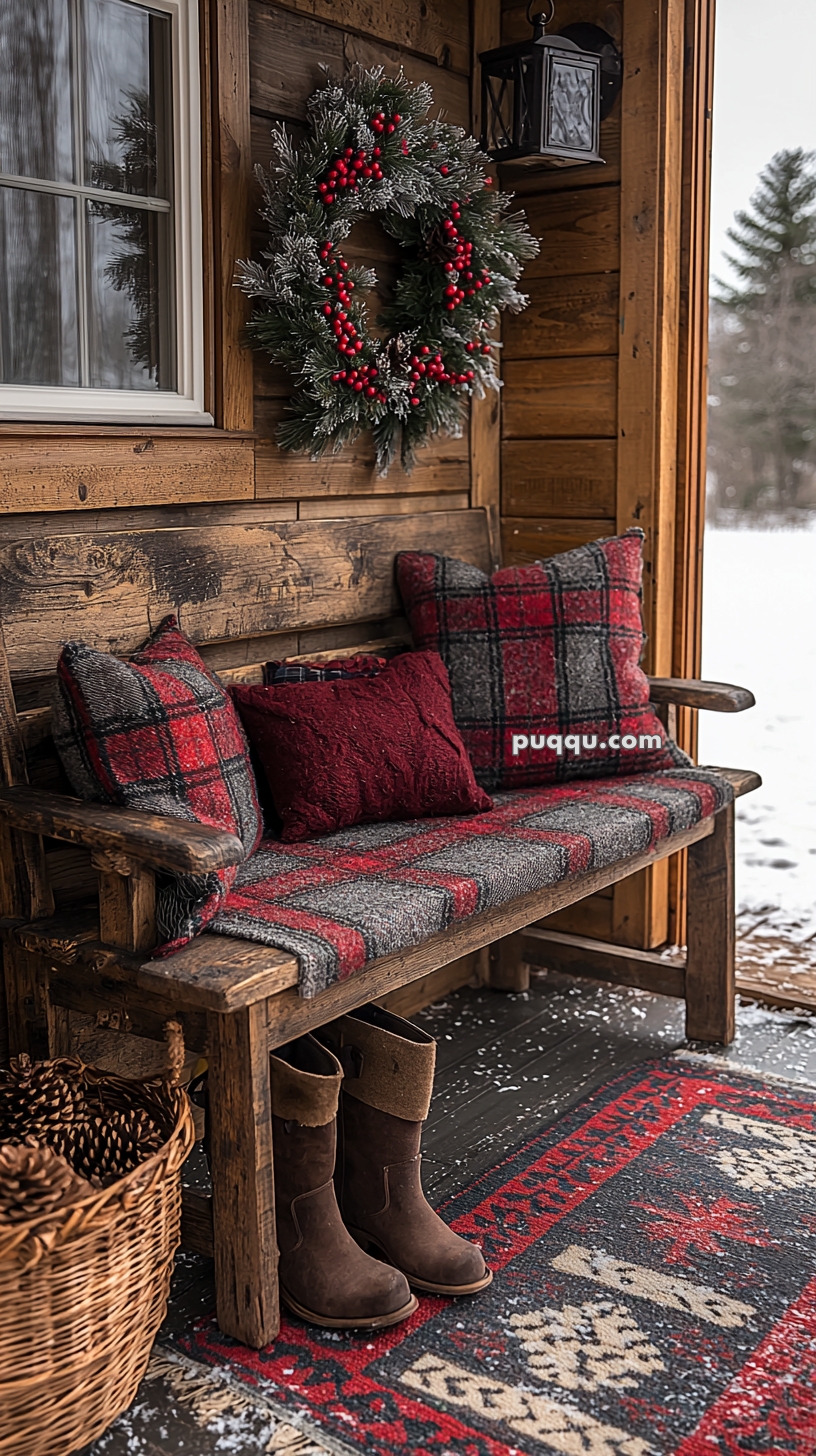 A rustic wooden bench on a porch, decorated with red and gray plaid cushions and a throw blanket, flanked by brown boots on a red and blue patterned rug. A festive wreath hangs on the wall, and a wicker basket of pine cones sits beside the bench. Snow is visible outside, enhancing the cozy winter ambiance.