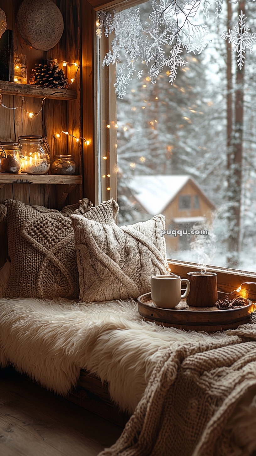 A cozy indoor setting with a window seat adorned with knitted pillows and a fluffy blanket, overlooking a snowy landscape and wooden cabin. The scene is decorated with fairy lights and snowflake decals on the window, while a hot beverage sits steaming on a wooden tray.