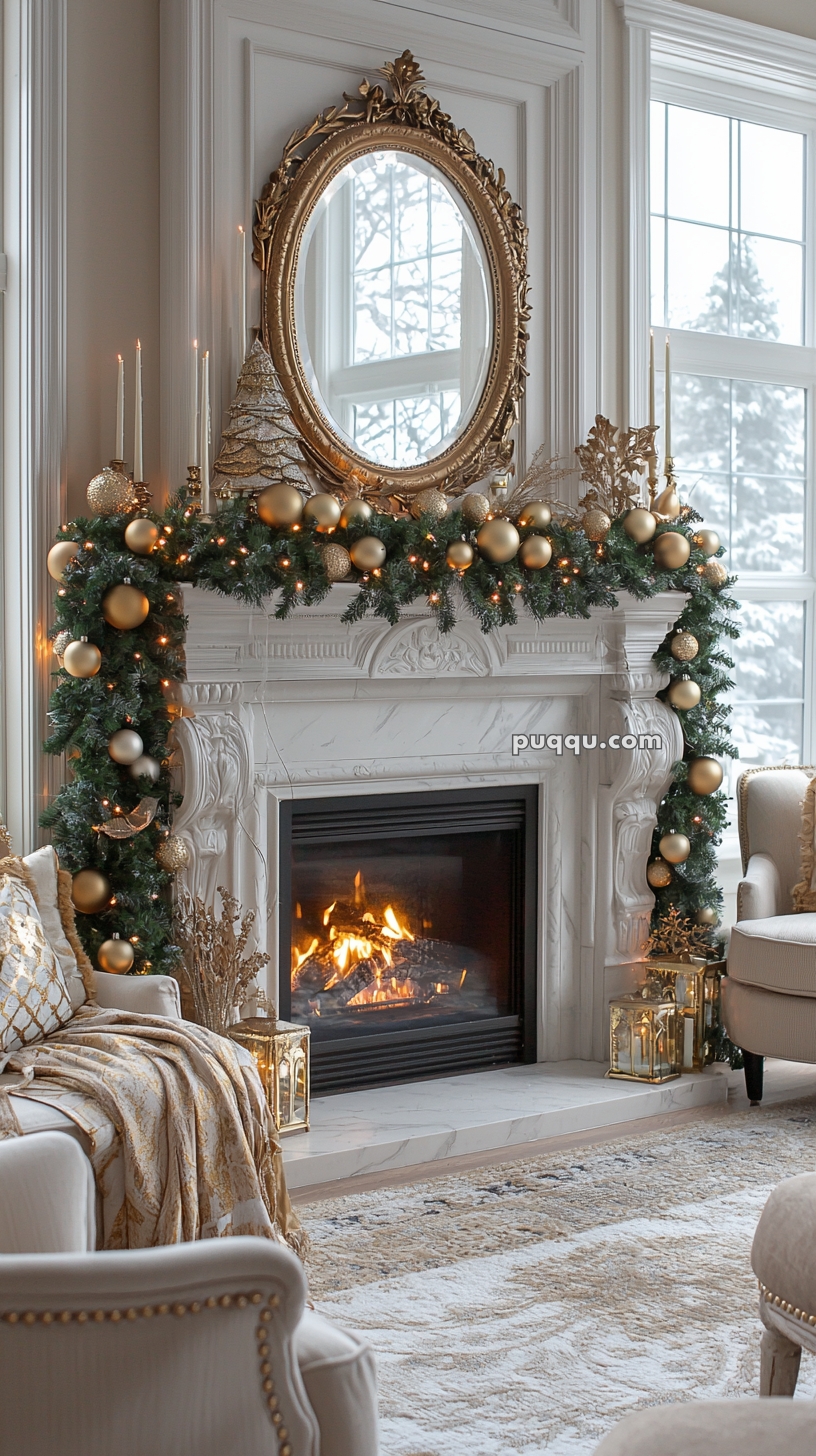 A cozy living room with a white marble fireplace decorated with green garland and golden ornaments. Above the fireplace is an ornate oval mirror, and two large windows show a snowy landscape outside. Candles and decorative elements enhance the elegant holiday atmosphere.