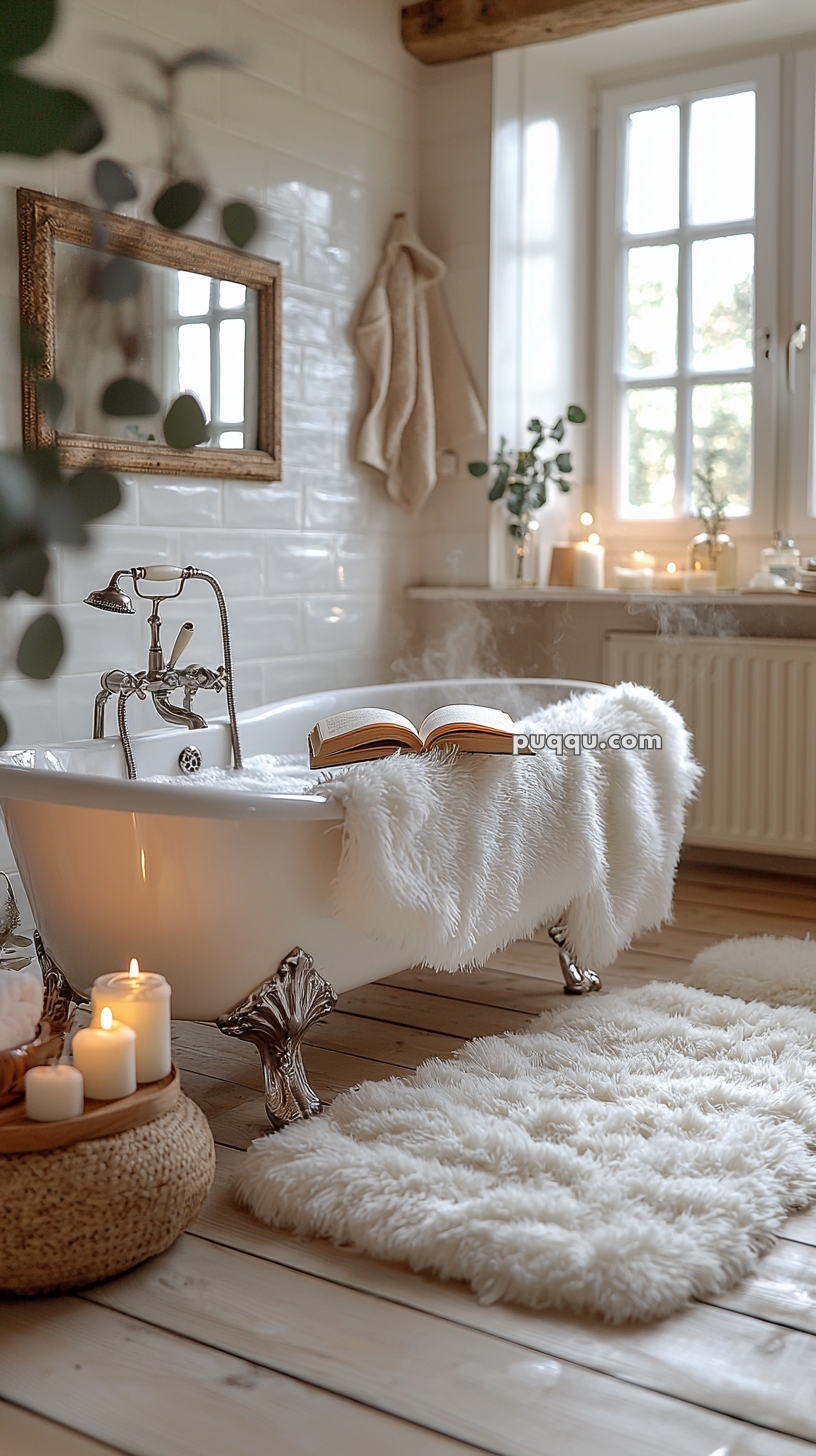 A cozy bathroom with a vintage clawfoot bathtub, draped with a fluffy white blanket, featuring an open book resting on top. The room is softly lit by several candles and features a large mirror, a towel on a hook, and a window with a view of green foliage. A plush white rug lies on the wooden floor.