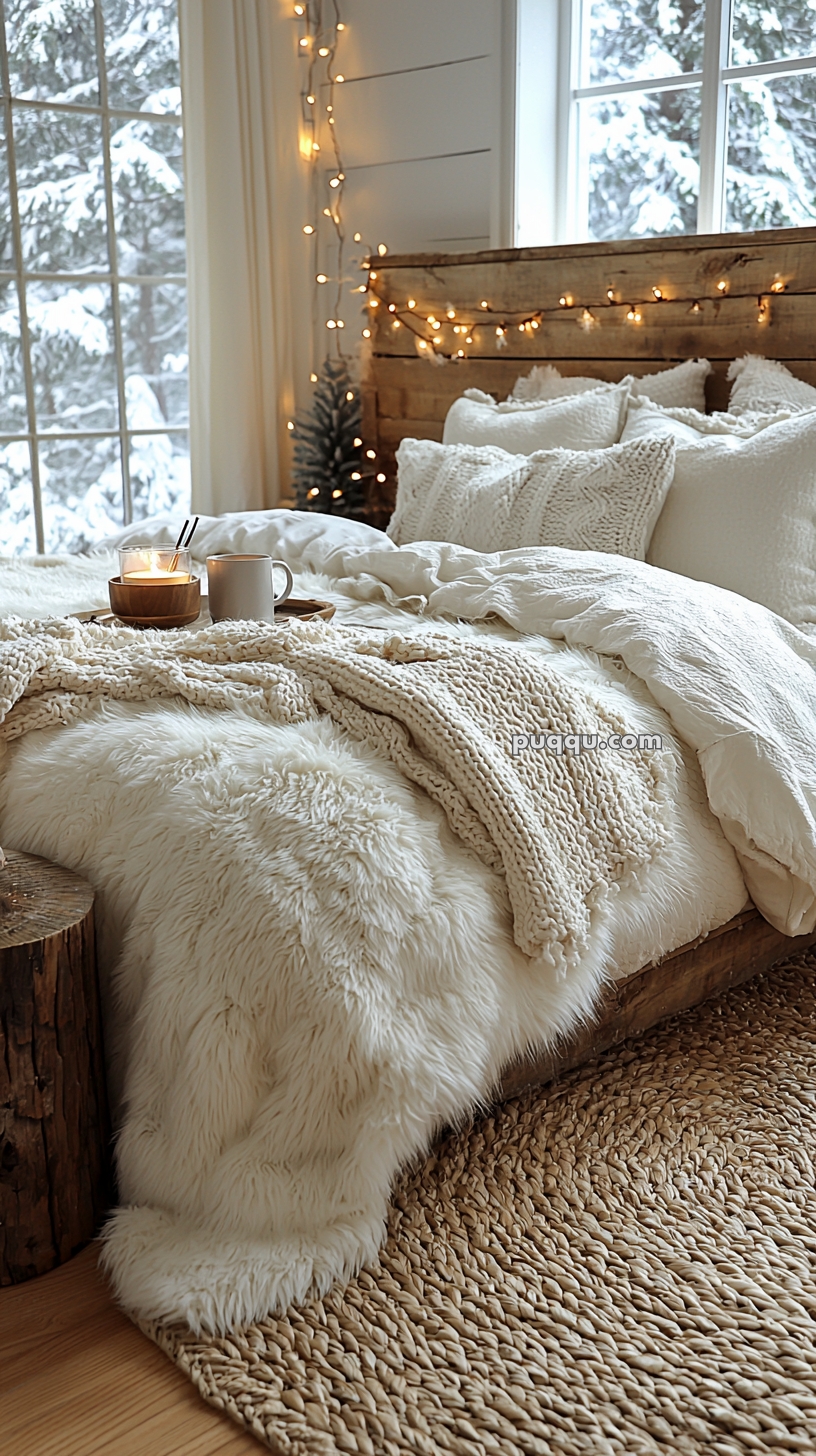 Cozy bedroom with a rustic wooden headboard, decorated with string lights, a fluffy white bedspread, and knit blankets, with a candle and mug on the bed. Snow is visible outside the window.