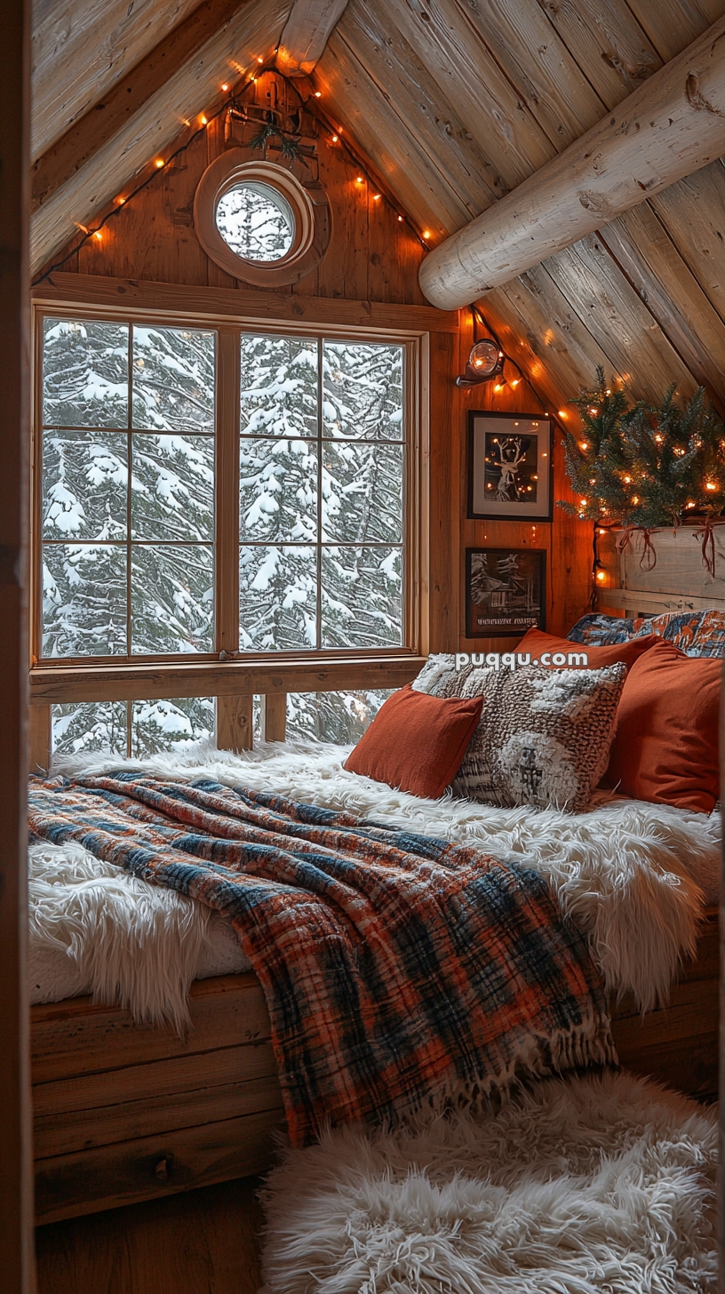 Cozy cabin interior with a wooden bed covered in fluffy white and plaid blankets, orange pillows, and fairy lights hanging above. Large windows reveal snowy trees outside.