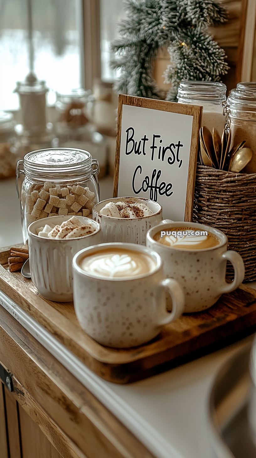 A wooden tray with three ceramic mugs of coffee, a jar of sugar cubes, and a small framed sign that reads 'But First, Coffee,' set on a table with a winter-themed, cozy decor.