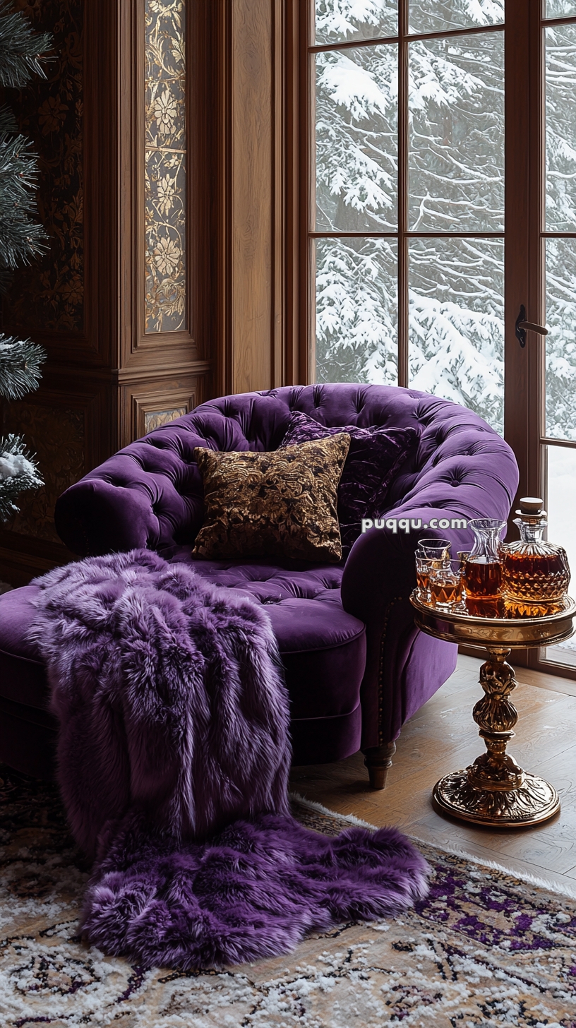 A luxurious purple chaise longue with a patterned pillow and a plush faux fur throw in a cozy, elegant room with wooden paneling and a large window showing snowy trees outside.