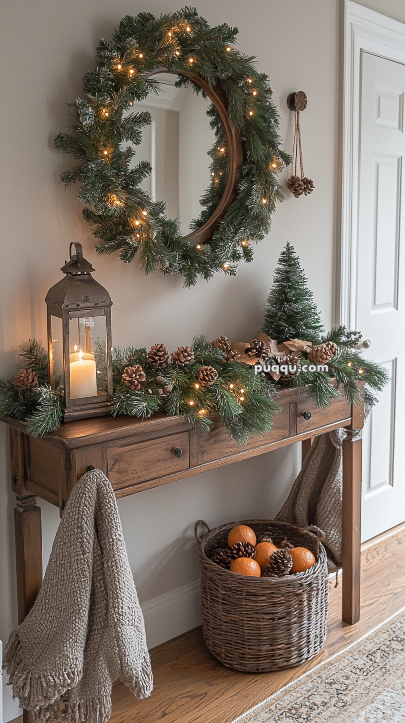 A cozy holiday-themed scene features a wooden console table with a garland of pine branches and pine cones, illuminated by small lights. A large pine wreath with lights hangs on the wall above, and a lit candle inside a glass lantern is placed on the table. A small artificial Christmas tree and a wicker basket with oranges and pine cones are also part of the decor. A textured throw is draped over the table's edge, enhancing the cozy atmosphere.