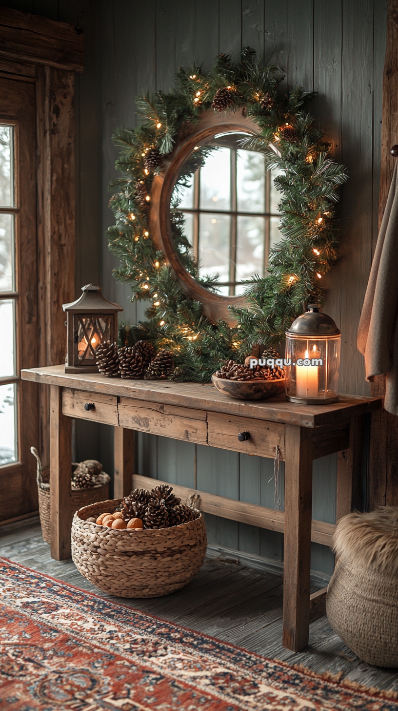 A rustic entryway table adorned with lit candles, pine cones, and a decorative evergreen wreath with lights on the wall mirror above it; a woven basket filled with pine cones and oranges sits on the floor beside the table.