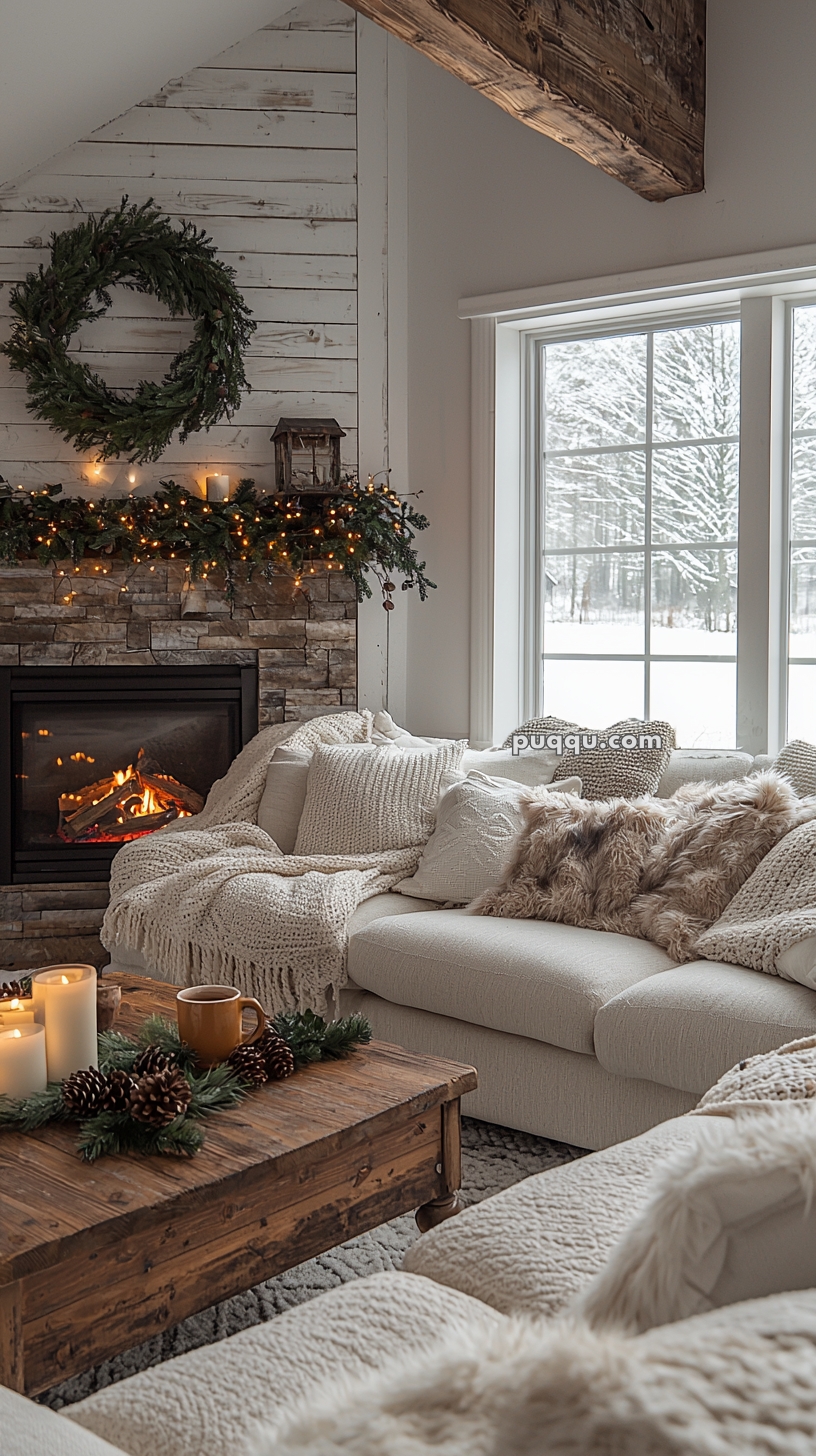 A cozy living room with a stone fireplace decorated with a garland and wreath, knit blankets and soft cushions on a cream sofa, a wooden coffee table with lit candles and pinecones, and a snowy landscape visible through the window.