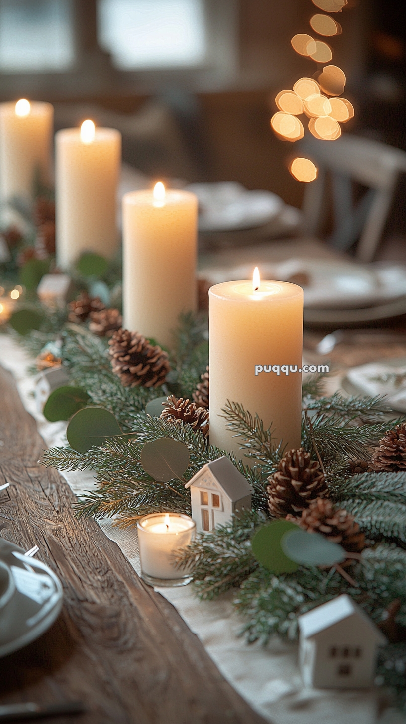 A festive table centerpiece featuring white pillar candles surrounded by evergreen branches, pinecones, and small decorative white houses, with soft twinkling lights in the background.