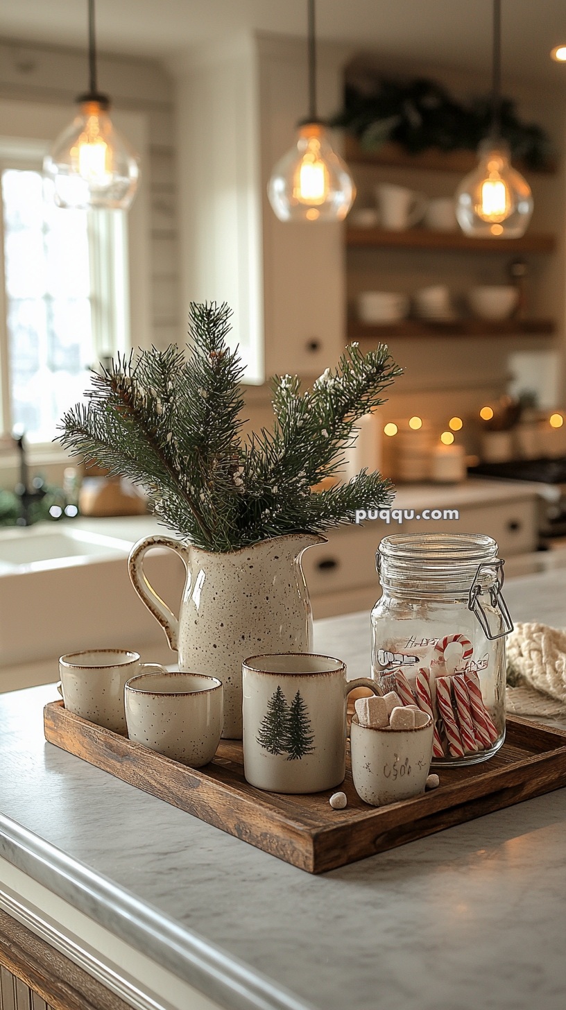 A cozy kitchen scene featuring a wooden tray on a marble countertop with a ceramic jug holding evergreen branches, several speckled mugs, and a glass jar filled with candy canes, illuminated by warm overhead lighting.