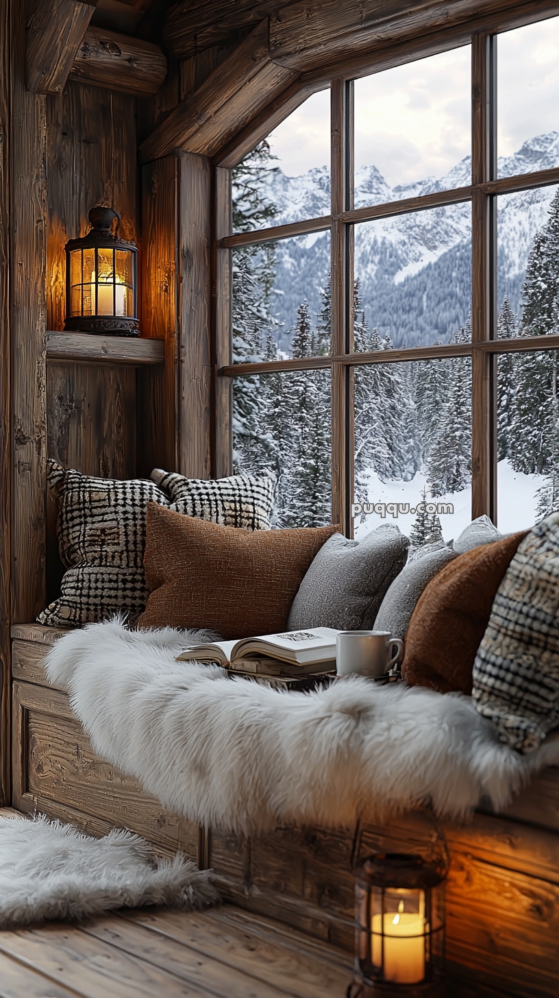 A cozy reading nook with a fluffy white rug, patterned pillows, and a warm throw, situated by a large window overlooking snow-covered mountains and trees. A glowing lantern candle adds warmth to the wooden cabin interior.