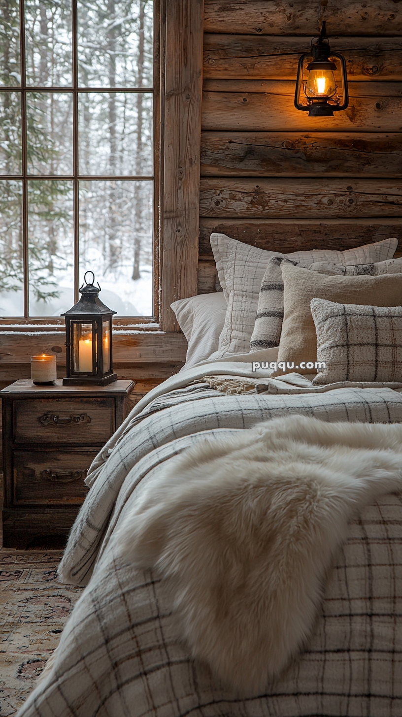Cozy bedroom in a log cabin featuring a bed with checkered pillows and a furry throw, next to a wooden nightstand with a candle lantern and a lit candle, set against a large window showing a snowy forest.