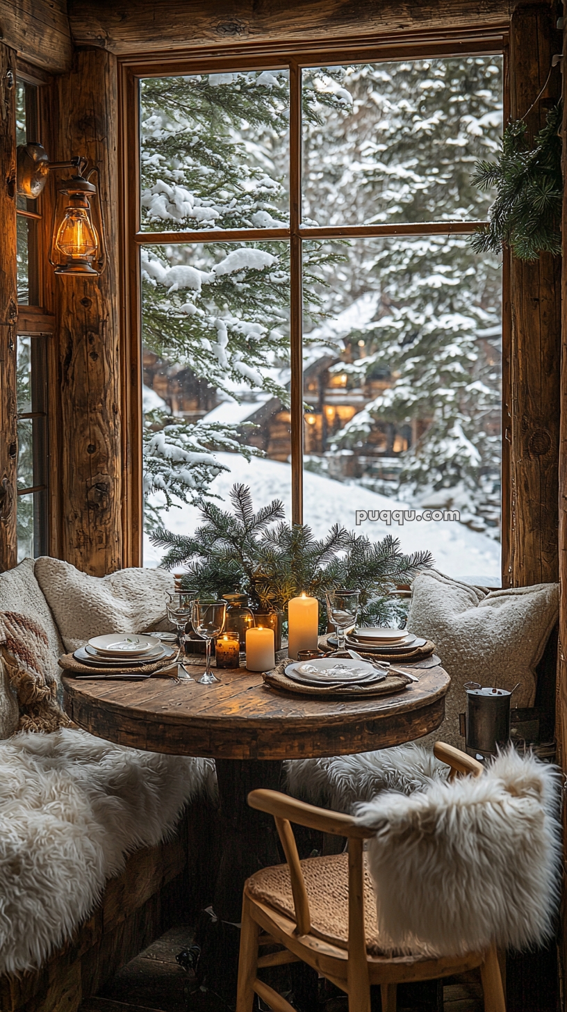 A cozy dining nook with a round wooden table set with plates, glasses, and lit candles, surrounded by fluffy pillows and a window showing a snowy forest view.