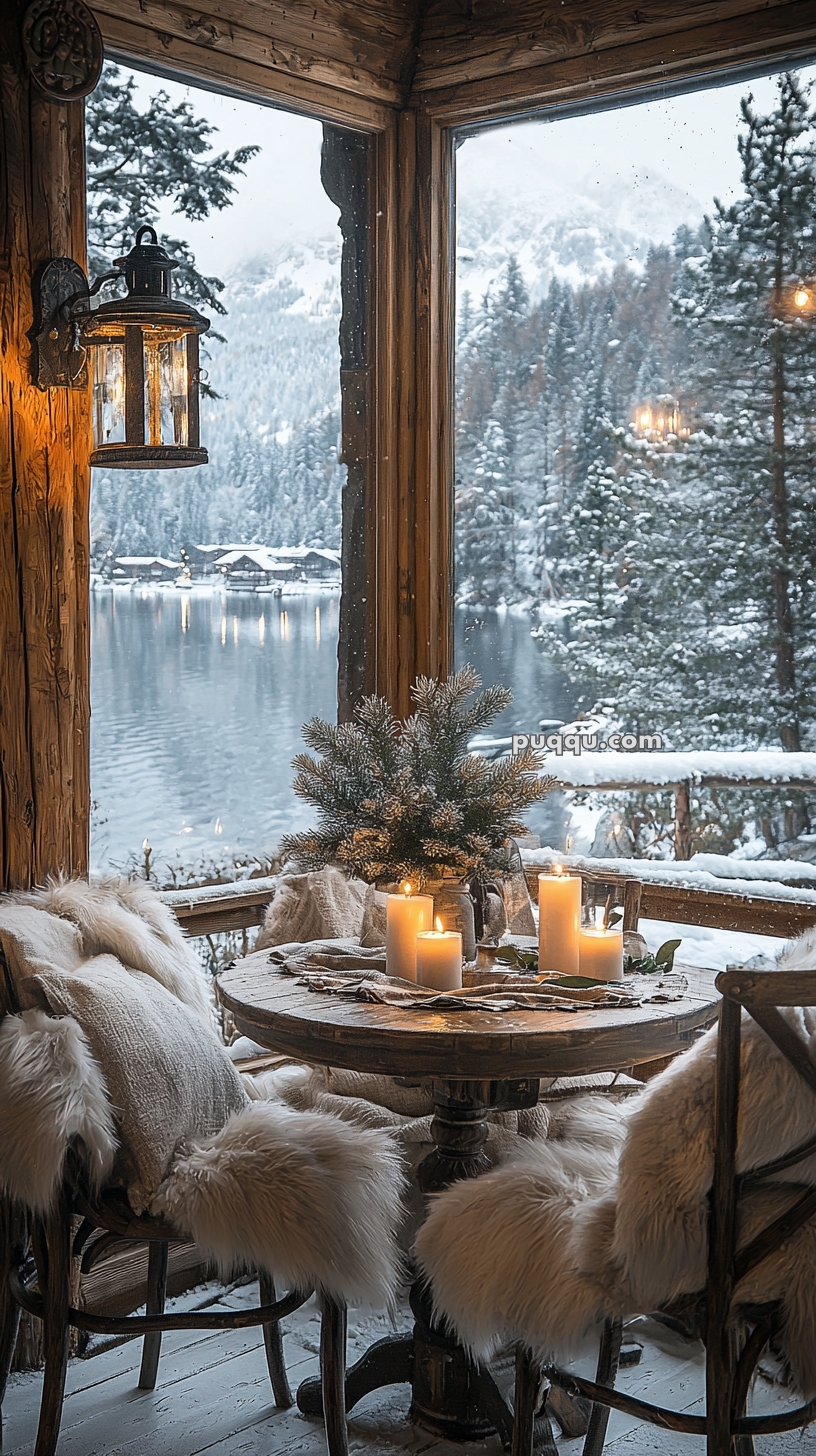 A cozy, rustic interior with a round wooden table set for two, adorned with candles and pine branches, overlooking a snowy lake and forest through large windows. The chairs are draped with soft, furry blankets, and there is a vintage lantern on the wall.