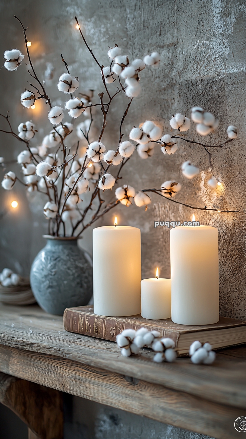 A rustic setting featuring a wooden table with three lit pillar candles, a vintage book, and a vase containing branches of cotton blossoms. The background is textured, with soft ambient lighting.