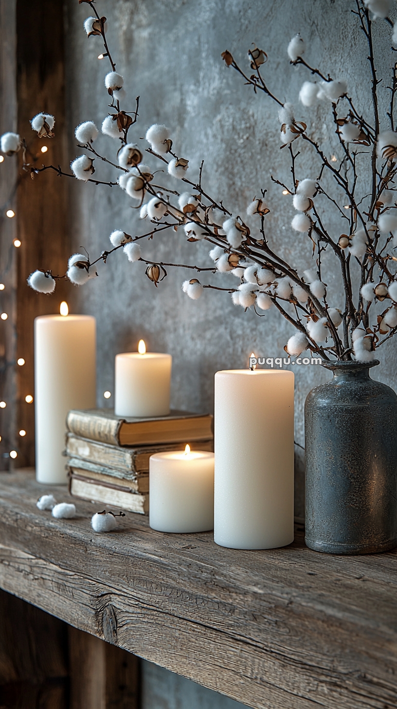 A rustic wooden shelf with three lit pillar candles and a stack of old books, adorned with a vase containing cotton branches, set against a textured wall with soft fairy lights.
