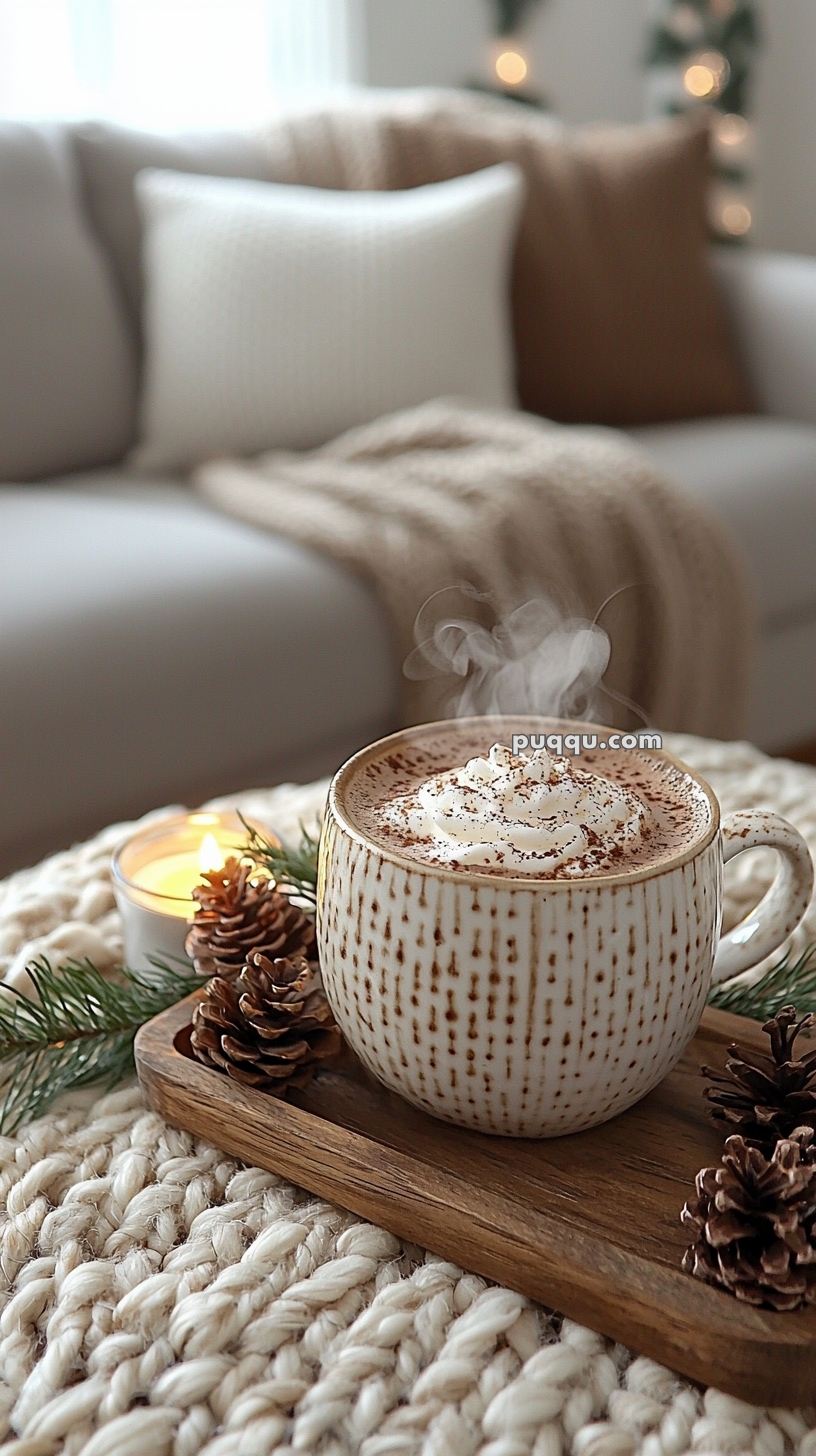A cozy living room setting with a steaming cup of hot chocolate topped with whipped cream on a wooden tray, surrounded by pine cones and greenery. A lit candle adds warmth next to a knitted fabric decorated couch in the background.