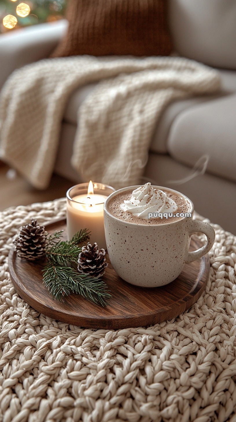 A cozy scene with a mug of hot chocolate topped with whipped cream, accompanied by a lit candle and pine cones on a wooden tray, set on a knitted surface with a soft blanket and couch in the background.
