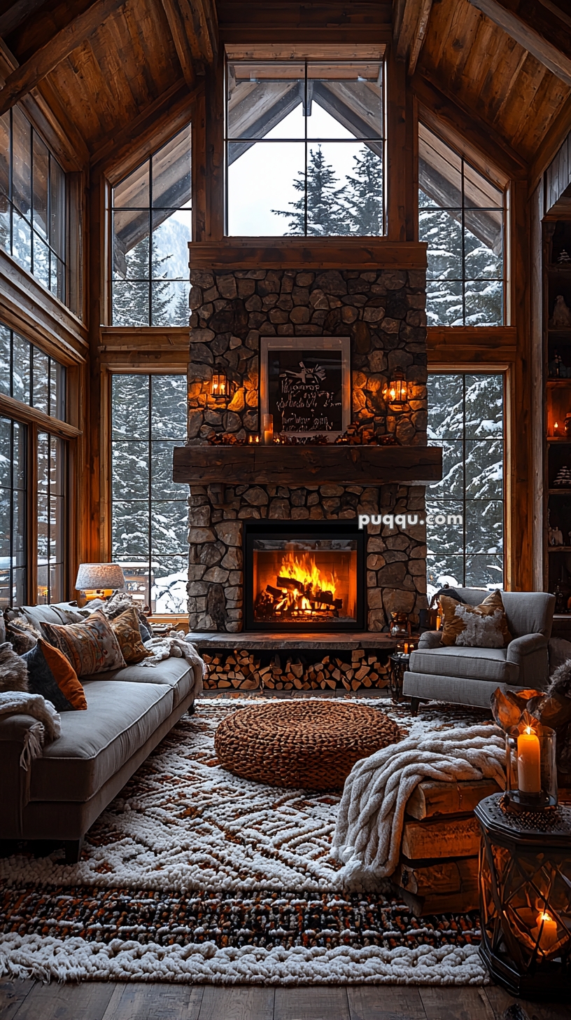 A cozy living room with a stone fireplace, a roaring fire, two sofas, and a patterned rug, framed by large windows showing a snowy forest outside.