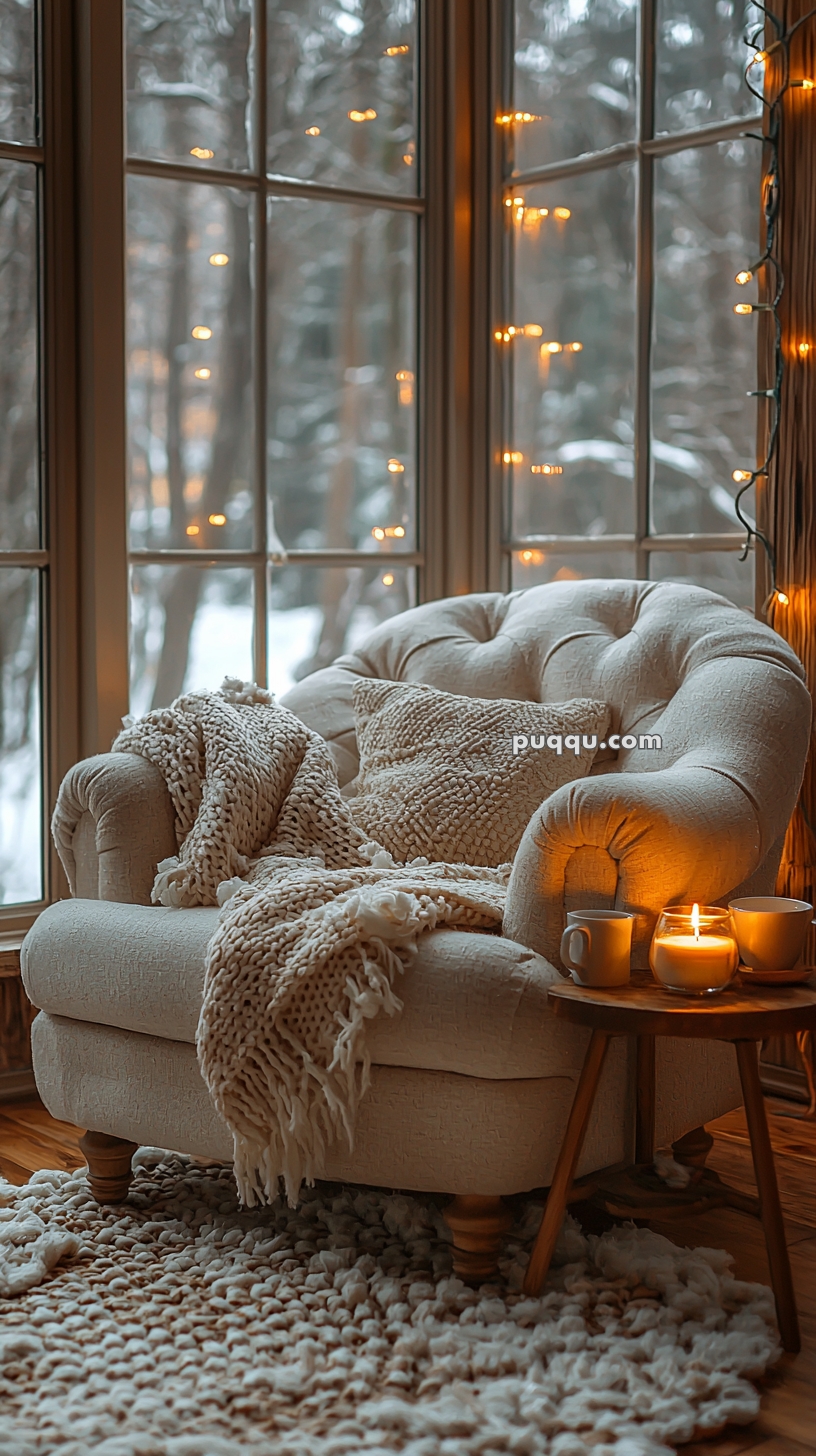A cozy armchair by a large window, draped with a knitted blanket and a cushion. A small wooden table beside the chair holds a lit candle and a mug, with string lights decorating the window frame, and a snowy outdoor scene visible through the window.