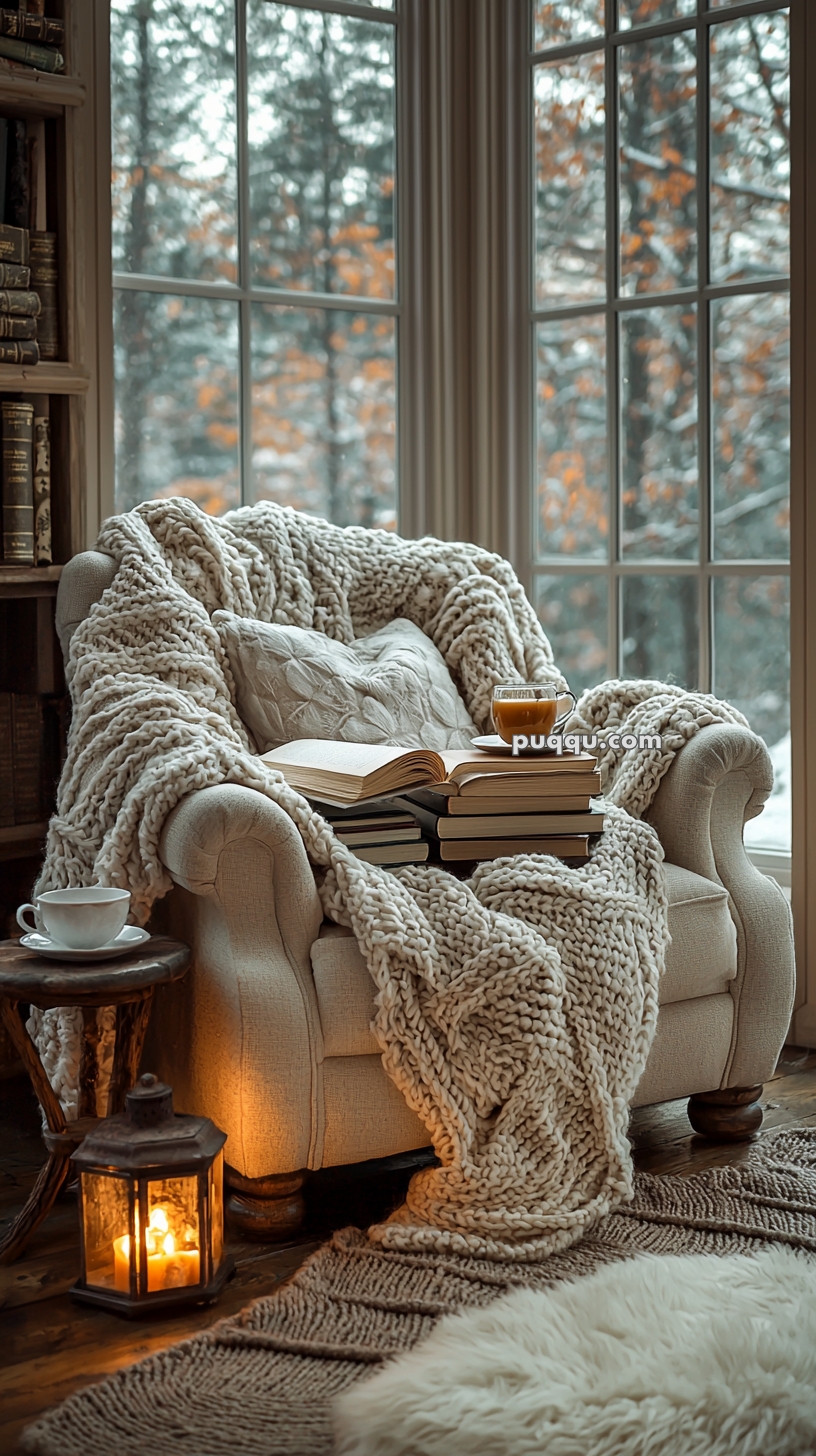 A cozy reading nook featuring an armchair draped with a chunky knit blanket and a cushion, set in front of large windows with a snow-covered outdoor view. On the chair sits a stack of books with an open one on top, next to a transparent cup of tea. A side table holds a saucer and cup, while a lit lantern on the floor adds warmth to the scene.