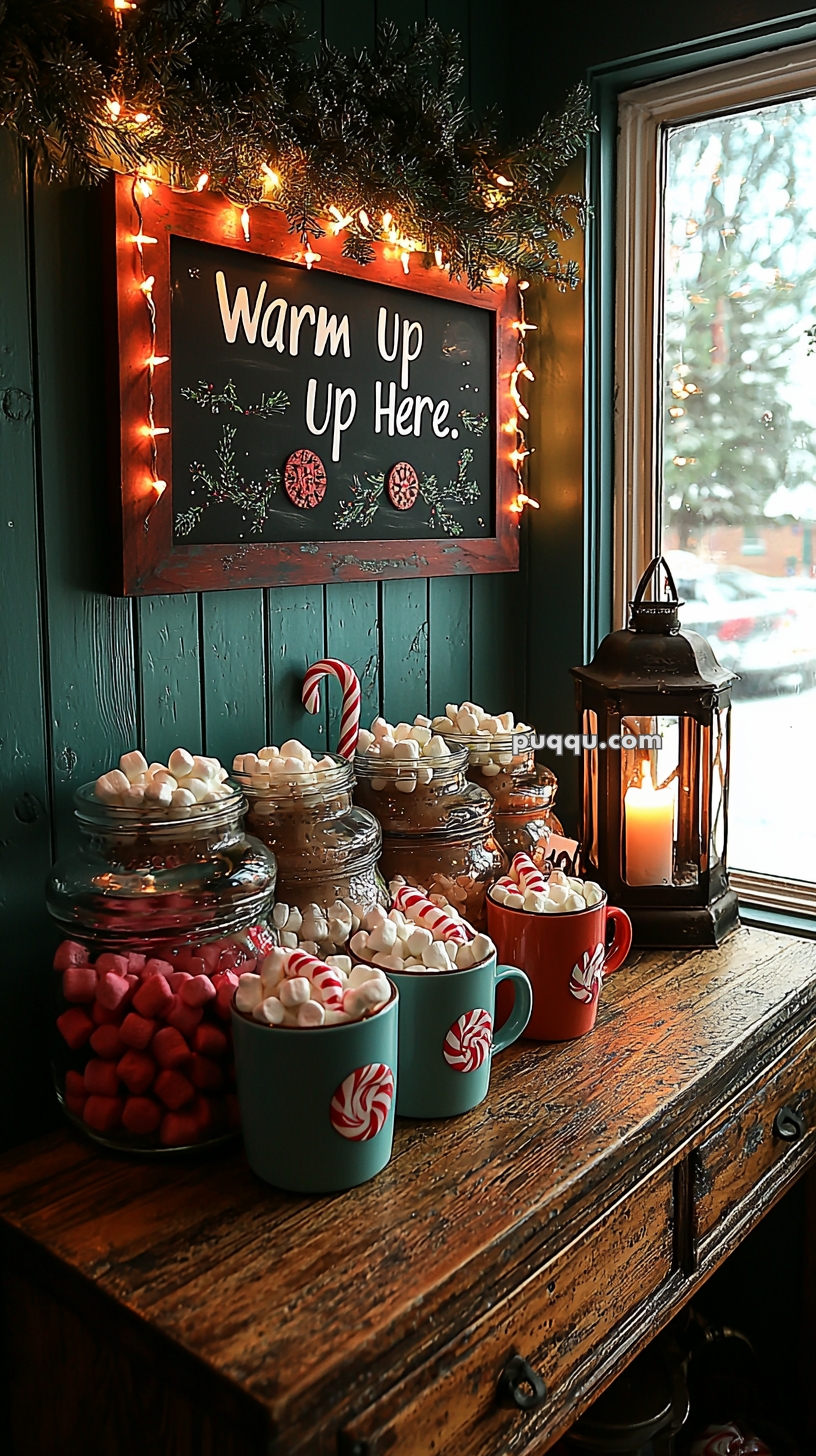 A cozy hot cocoa station with a wooden table holding jars of marshmallows and cocoa powder, mugs with peppermint designs, a candy cane, and a candlelit lantern. Above, a chalkboard sign reads "Warm Up Here" surrounded by festive lights and greenery.